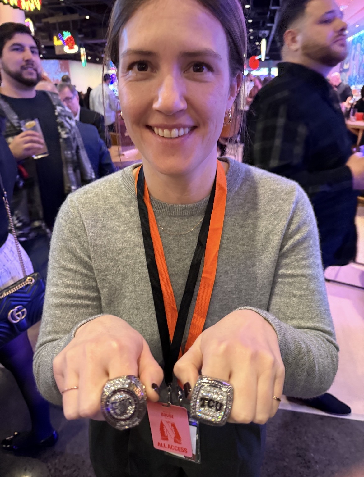 Katie Webb From Netflix Tries on the TCU Championship Rings